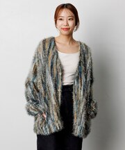 リラックスフィット シャギーニット マルチストライプ カーディガン