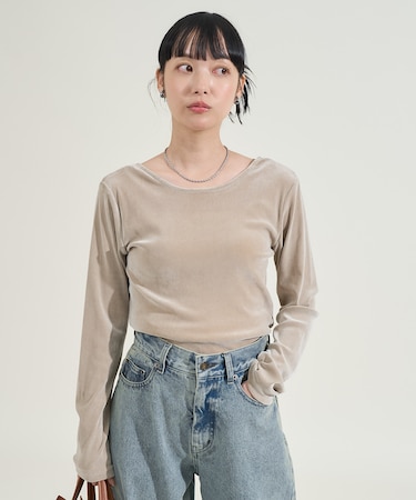 ベロア バックオープンロンTシャツ