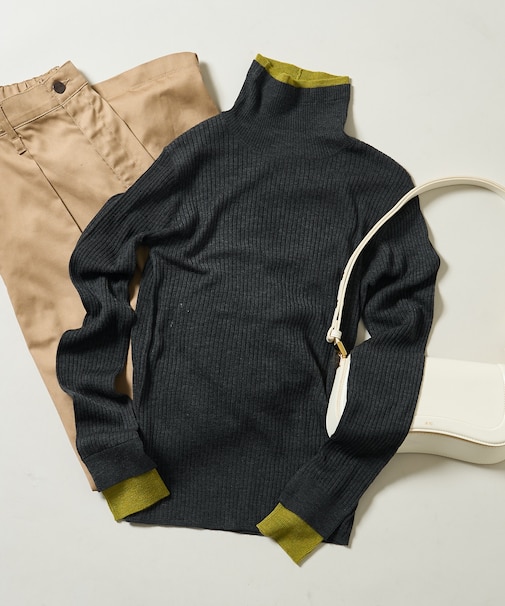 ウォッシャブル 配色 レイヤード タートルニット