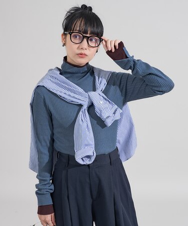 ウォッシャブル 配色 レイヤード タートルニット