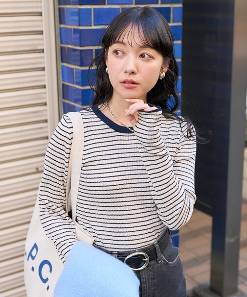 ウォッシャブル ボーダークルーネックニット