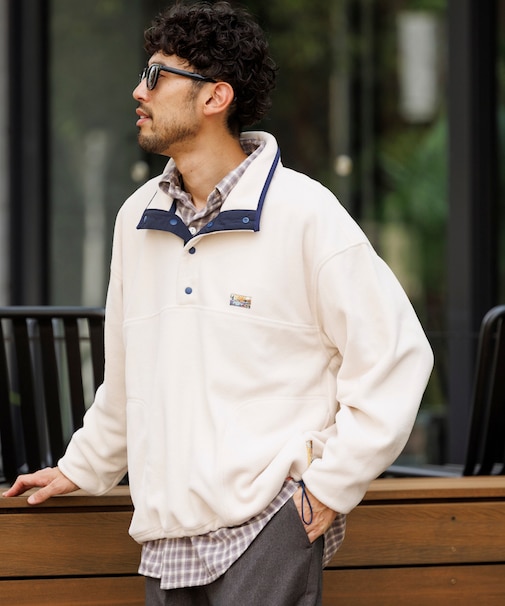 ビッグシルエット ワンポイントロゴ フリース スナップボタン スピンドル プルオーバー