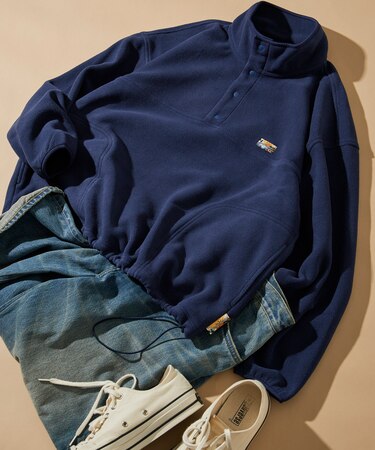 ビッグシルエット ワンポイントロゴ フリース スナップボタン スピンドル プルオーバー