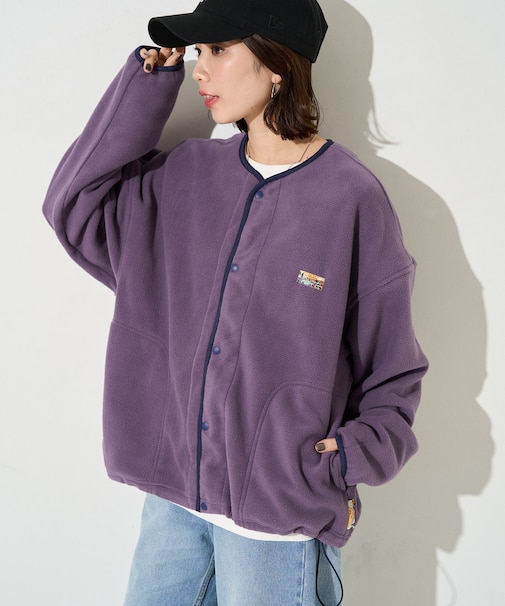 ビッグシルエット ワンポイントロゴ フリース スナップボタン スピンドル カーディガン