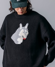 リラックスフィット ドッグモチーフ ローゲージ ジャガード クルーネックニット / ハスキー 【限定展開】
