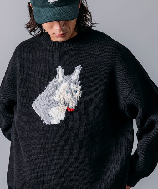 リラックスフィット ドッグモチーフ ローゲージ ジャガード クルーネックニット / ハスキー 【限定展開】