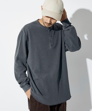 リラックスフィット ピグメント ワッフル ロングスリーブTシャツ