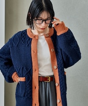 パッチワーク ケーブル 配色ニットカーディガン