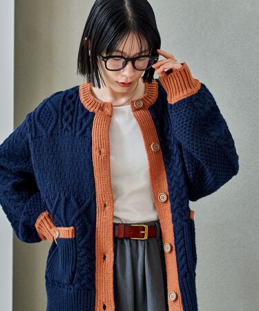 パッチワーク ケーブル 配色ニットカーディガン