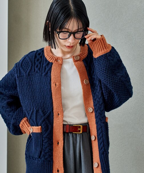 パッチワーク ケーブル 配色ニットカーディガン