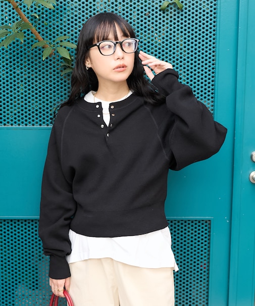 ショート スナップボタン ヘンリーニット