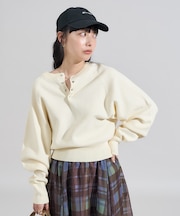 ショート スナップボタン ラグラン ヘンリーネック ニット