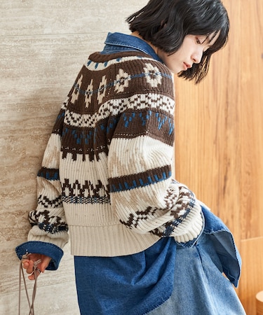 ノルディック ジップショートニットカーデ