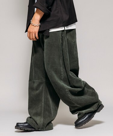 ワイドシルエット ワンウォッシュ カーブ コーデュロイパンツ