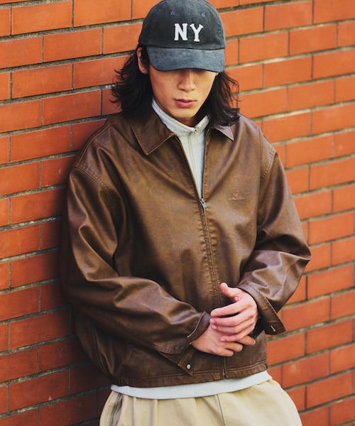 フェード加工 レザレッド ショート丈 ジップブルゾン