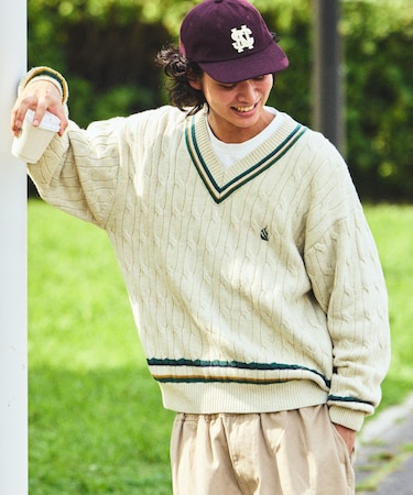 ヴィンテージライク ケーブル編み チルデン クルーネックニット