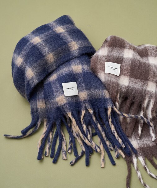 カシミヤ入り チェックボリュームマフラー