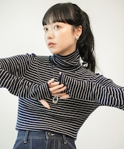 ウォッシャブル ボーダータートルネックニット