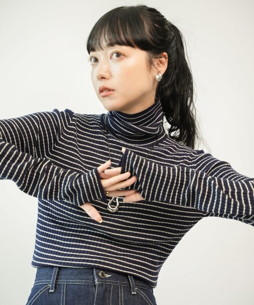 ウォッシャブル ボーダータートルネックニット