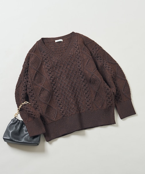 ミックスケーブルVネックニット