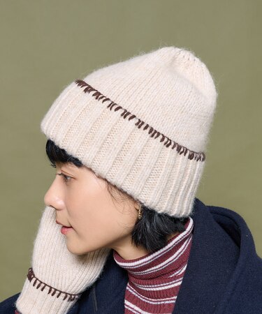 配色 ブランケットステッチ ニットキャップ
