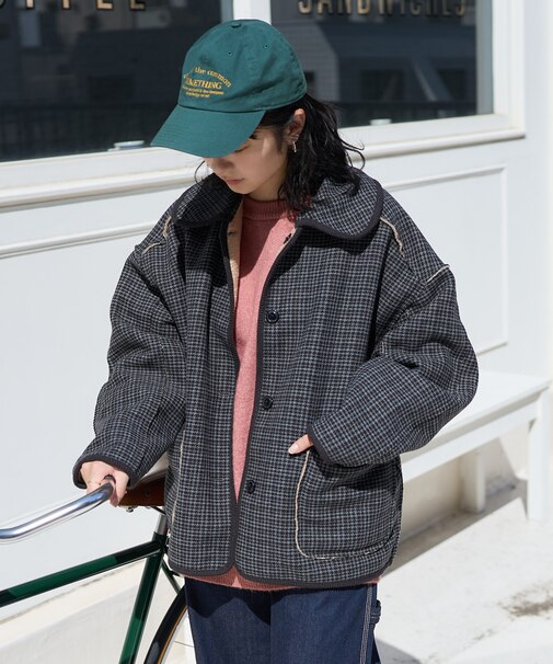 襟付き リバーシブル チェックボアジャケット