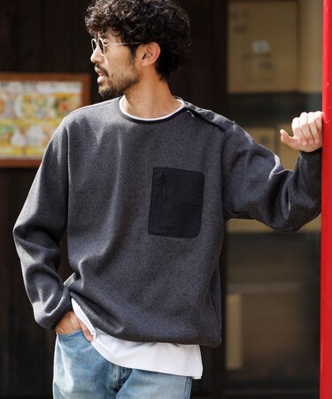 リラックスフィット ニットフリース スピンドル クルーネックプルオーバー