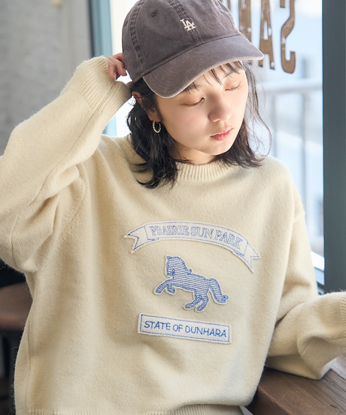 アニマルワッペン刺繍 ニットプルオーバー