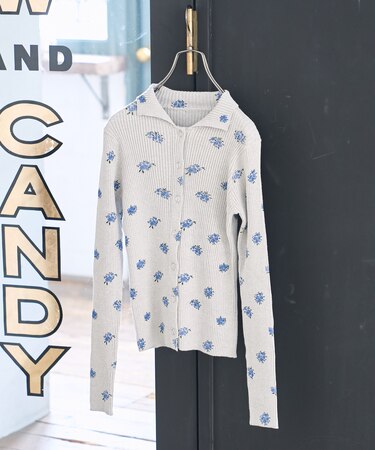フラワープリント リブニットカーディガン