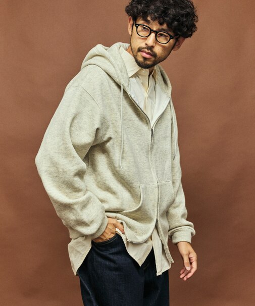 リラックスフィット ウォッシャブル ウール コットン スウェット ジップパーカー