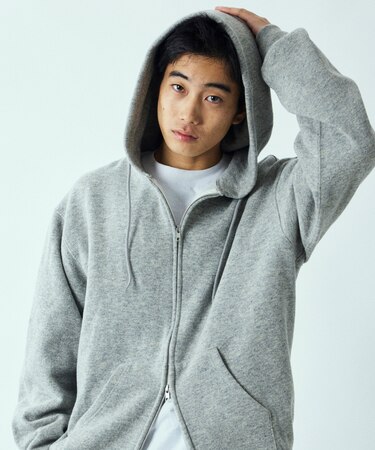リラックスフィット ウォッシャブル ウール コットン スウェット ジップパーカー