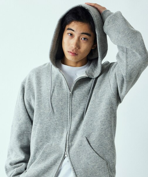 リラックスフィット ウォッシャブル ウール コットン スウェット ジップパーカー