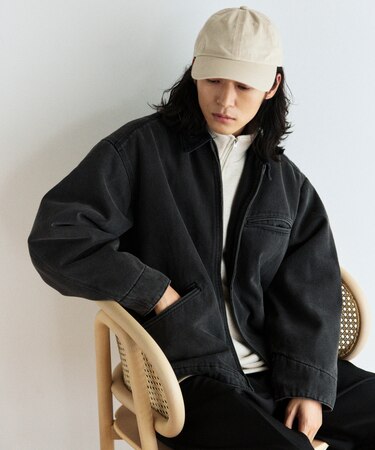 襟コーデュロイ切り替え 加工デニムブルゾン