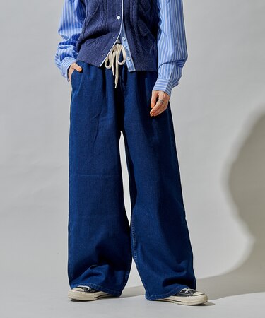 ＜低身長サイズあり＞裏起毛 ウォッシュ加工 デニム イージーパンツ 限定展開