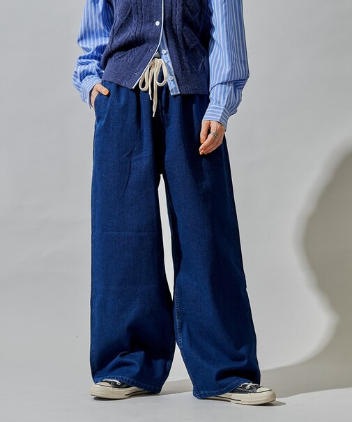 ＜低身長サイズあり＞裏起毛 ウォッシュ加工 デニム イージーパンツ 限定展開