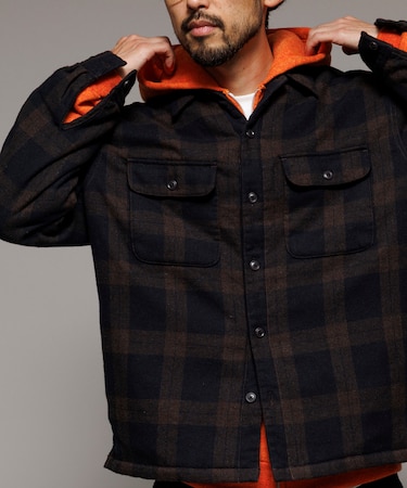 ビッグシルエット ウォッシュド ウール混 フランネル 中綿 チェックシャツジャケット