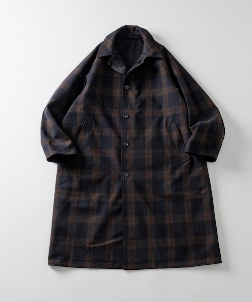 リバーシブル ウール混 フランネル チェック ステンカラーコート