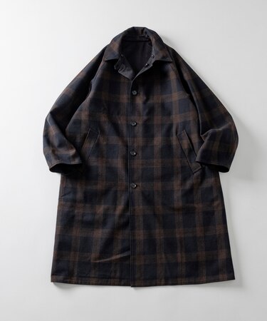 リバーシブル ウール混 フランネル チェック ステンカラーコート