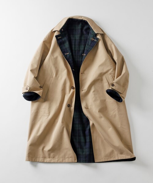 リバーシブル ウール混 フランネル チェック ステンカラーコート