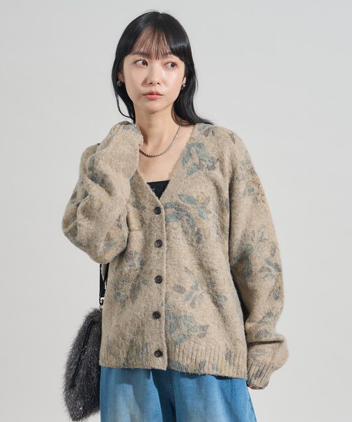 フラワーペイント ニットカーディガン