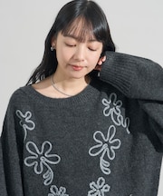 配色 コード刺繍 花柄 ニット プルオーバー