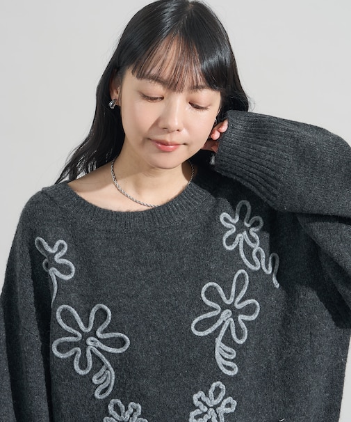 配色 コード刺繍 花柄 ニット プルオーバー