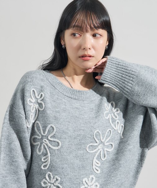 配色 コード刺繍 花柄 ニット プルオーバー
