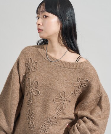 配色 コード刺繍 花柄 ニット プルオーバー