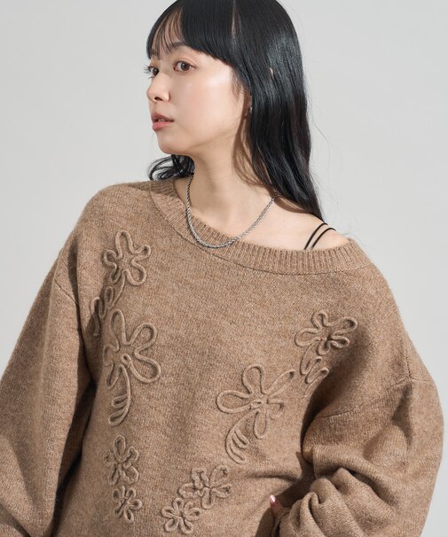 配色 コード刺繍 花柄 ニット プルオーバー