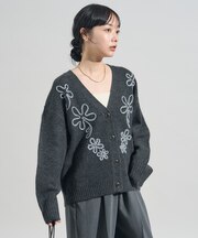 配色 コード刺繍 花柄 ニット カーディガン