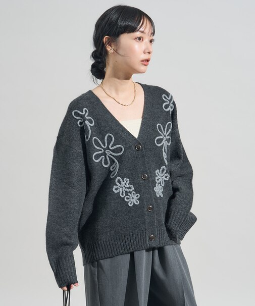 配色 コード刺繍 花柄 ニット カーディガン