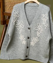 配色 コード刺繍 花柄 ニット カーディガン