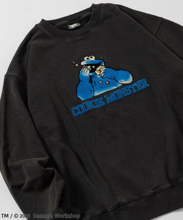 SESAME STREET / セサミストリート クッキーモンスター フロッキープリント クルーネック スウェット