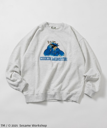 SESAME STREET / セサミストリート クッキーモンスター フロッキープリント クルーネック スウェット